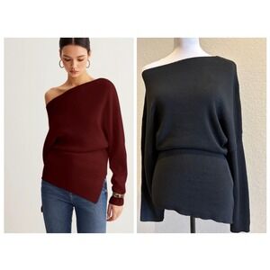 Commense Sweater Women S Black Off Shoulder Asymmetrical Wool Blend Knit